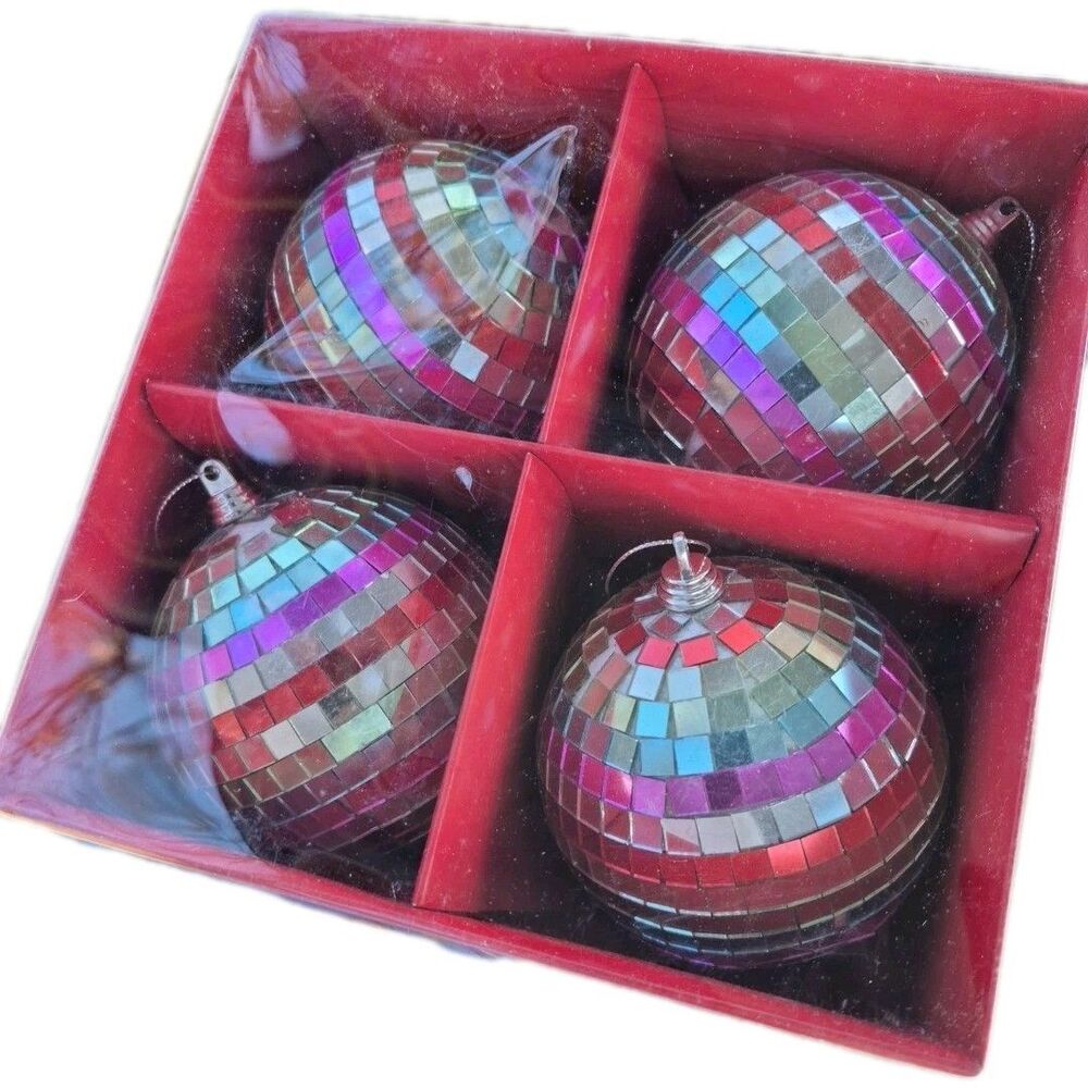 NEW In Box Holiday Time 4 Pack Disco Ball Pastel Color Christmas Tree Ornaments - Picture 5 of 5
